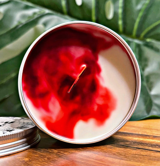 Black Cherry Marble Candle Premium Wax Wooden Wick 3.5 oz Silver Tin