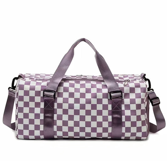 Purple and White Checkered Duffel Bag