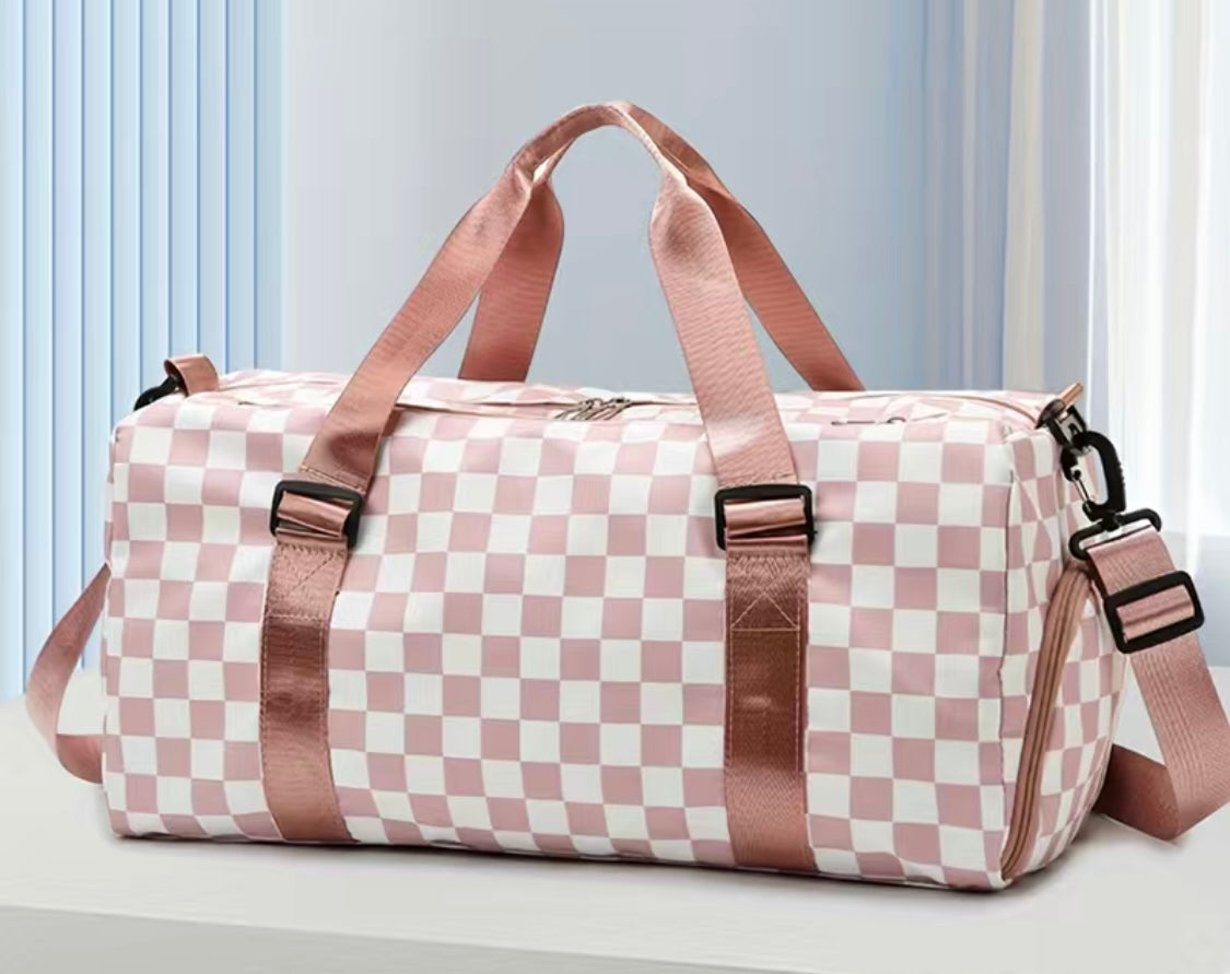 Pink and White Checkered Duffel Bag