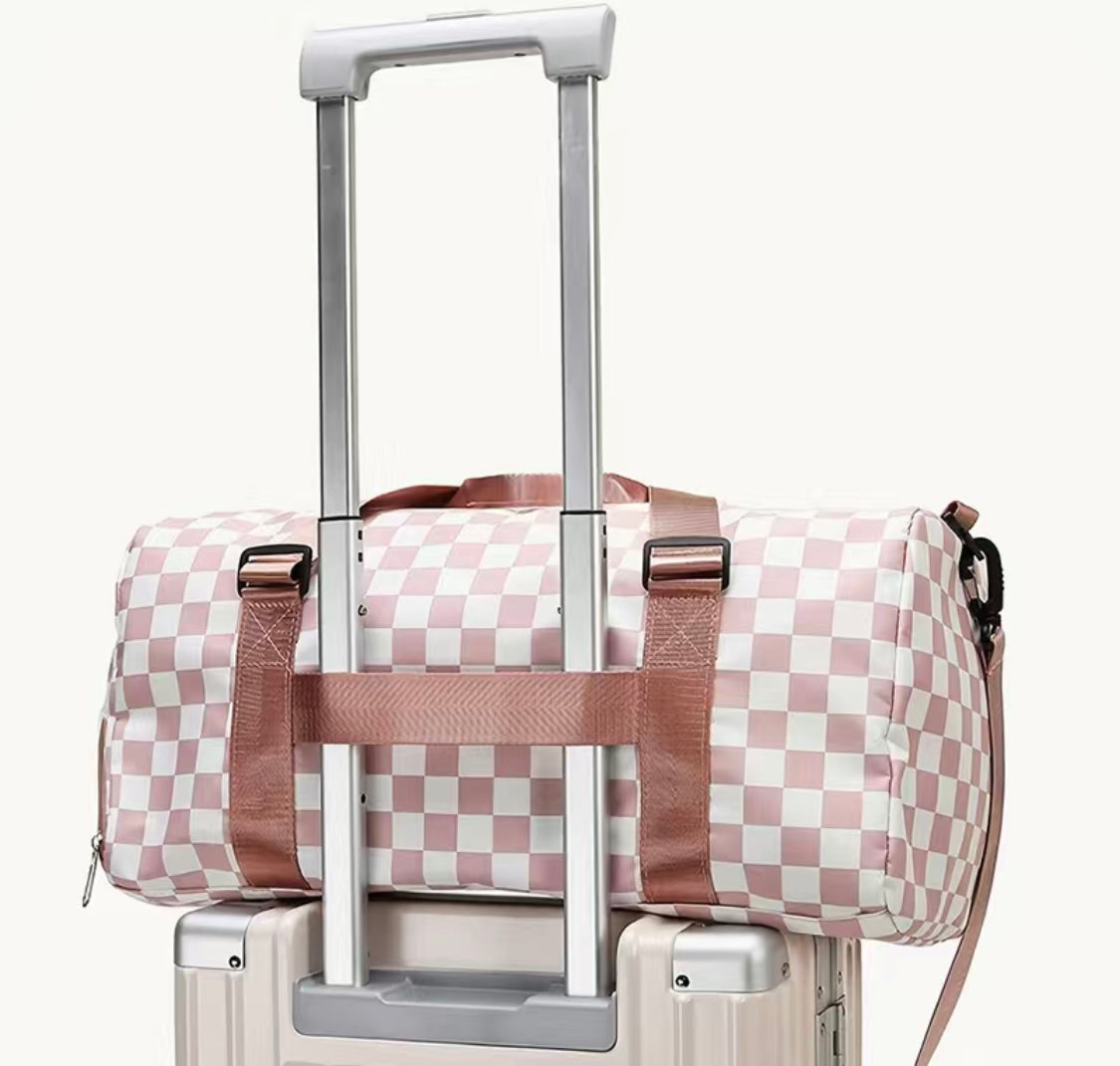 Pink and White Checkered Duffel Bag