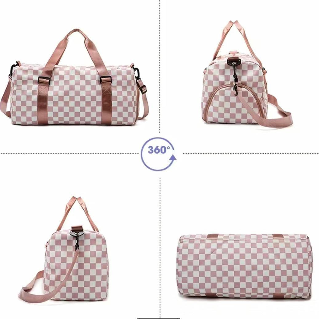 Pink and White Checkered Duffel Bag