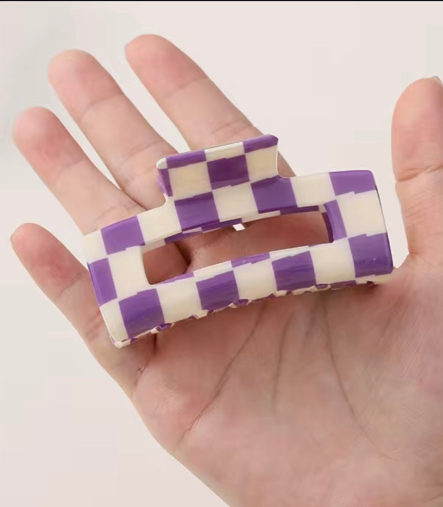 Purple and White Checkered Hair Clip