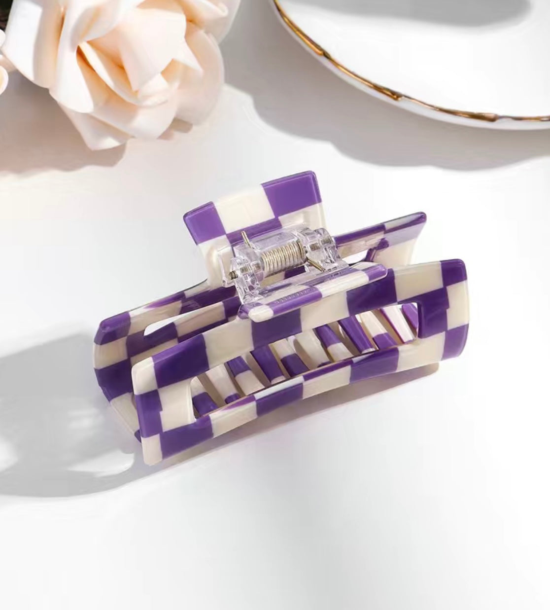 Purple and White Checkered Hair Clip