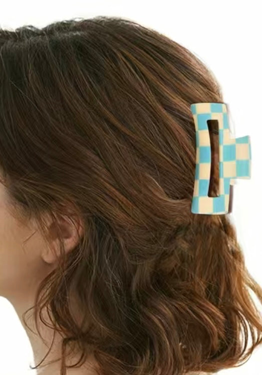 Light Blue and White Checkered Hair Clip