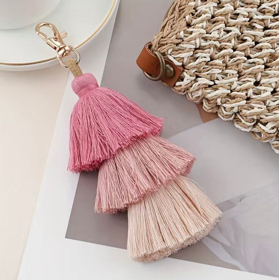 Pink and Cream Tassel Key Chain